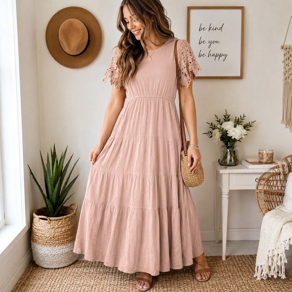 Polagram Blush Pink Crochet Lace Sleeve Tiered Maxi Dress Boho L